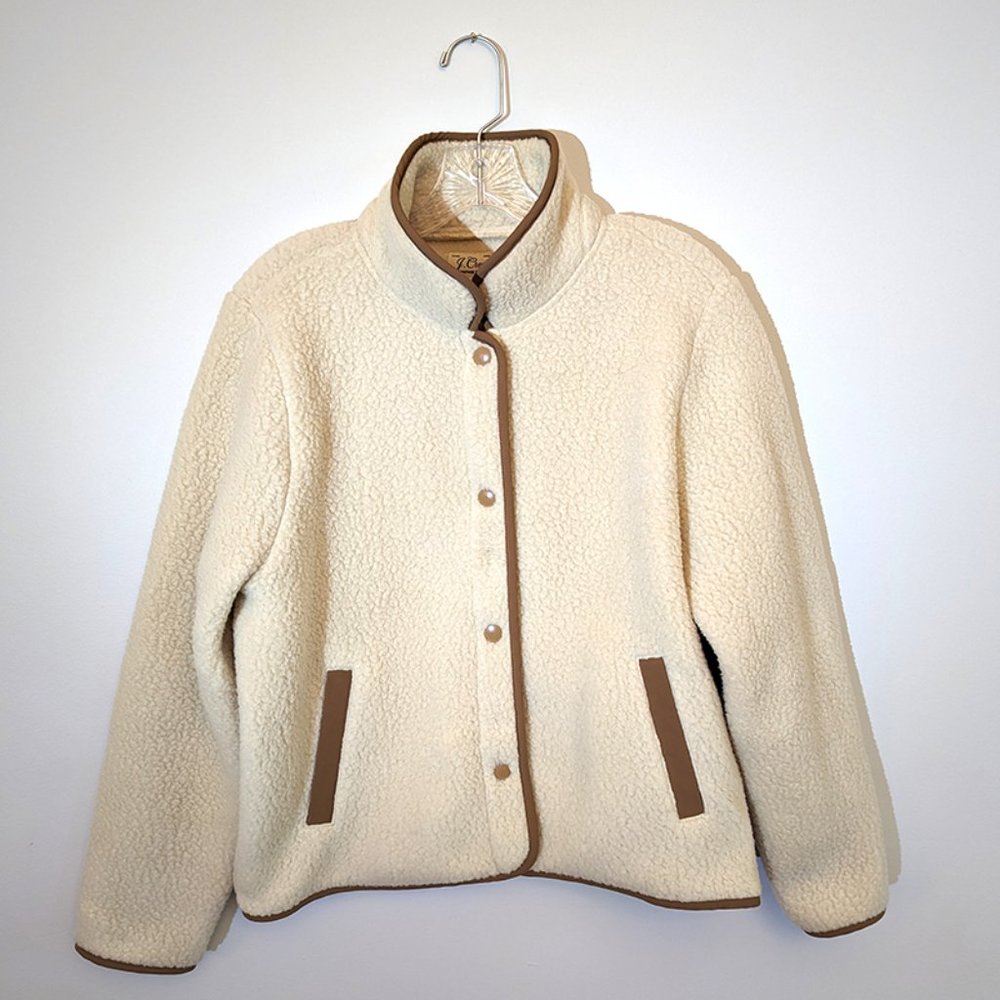 J Crew Jacket Vintage Fleece Faux Sherpa Snap Buttons Cream Brown Womens S